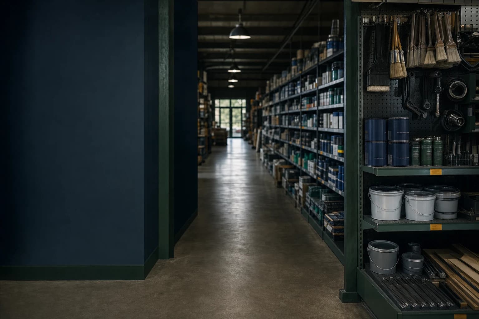 A quiet hardware store aisle with paint, tools, and fittings