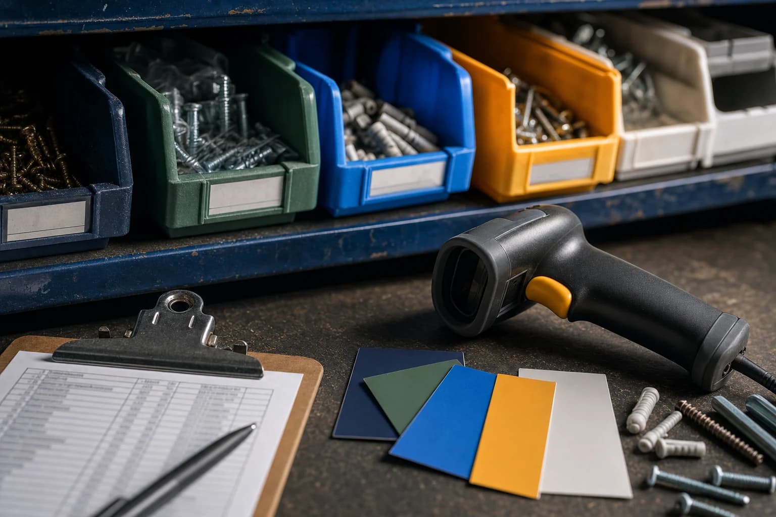 Inventory count materials and a barcode scanner on a hardware retail shelf